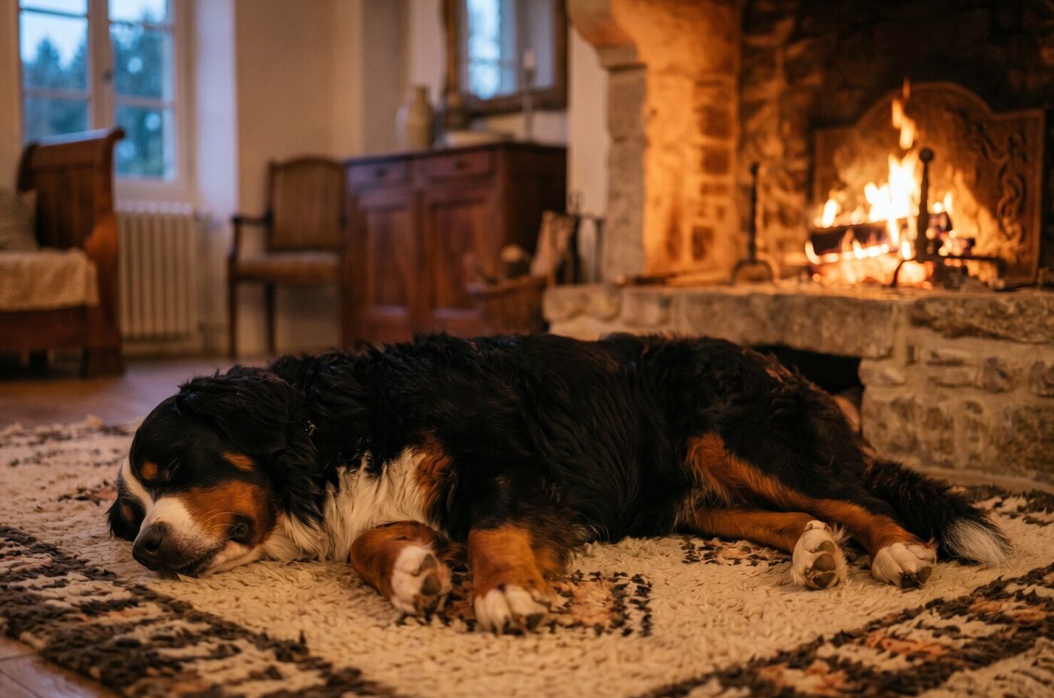 Bouvier Bernois couché paisiblement devant la cheminée d’un chalet, sur un tapis