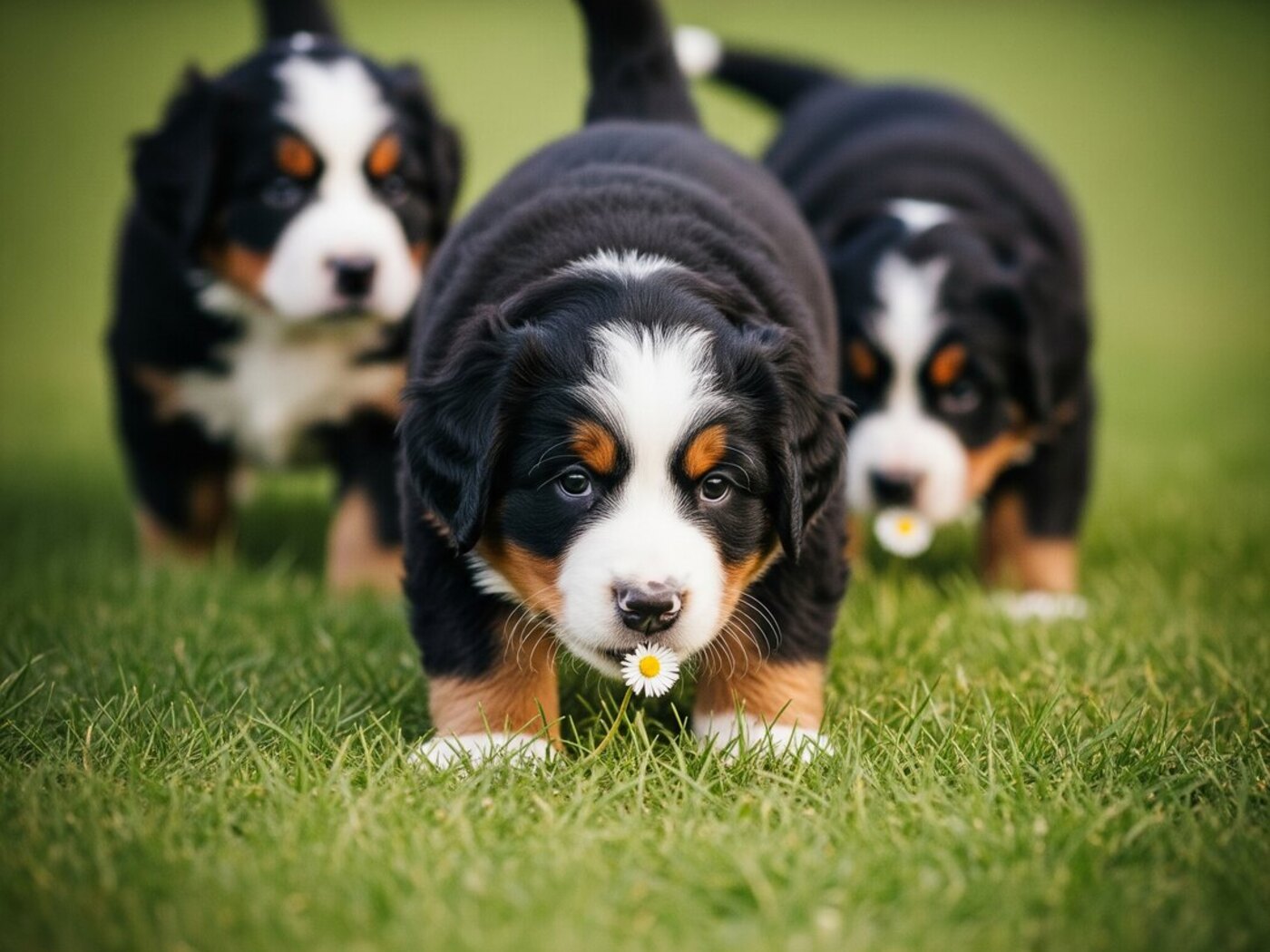 Chiots Bouvier Bernois découvrant l’herbe lors de l’éveil