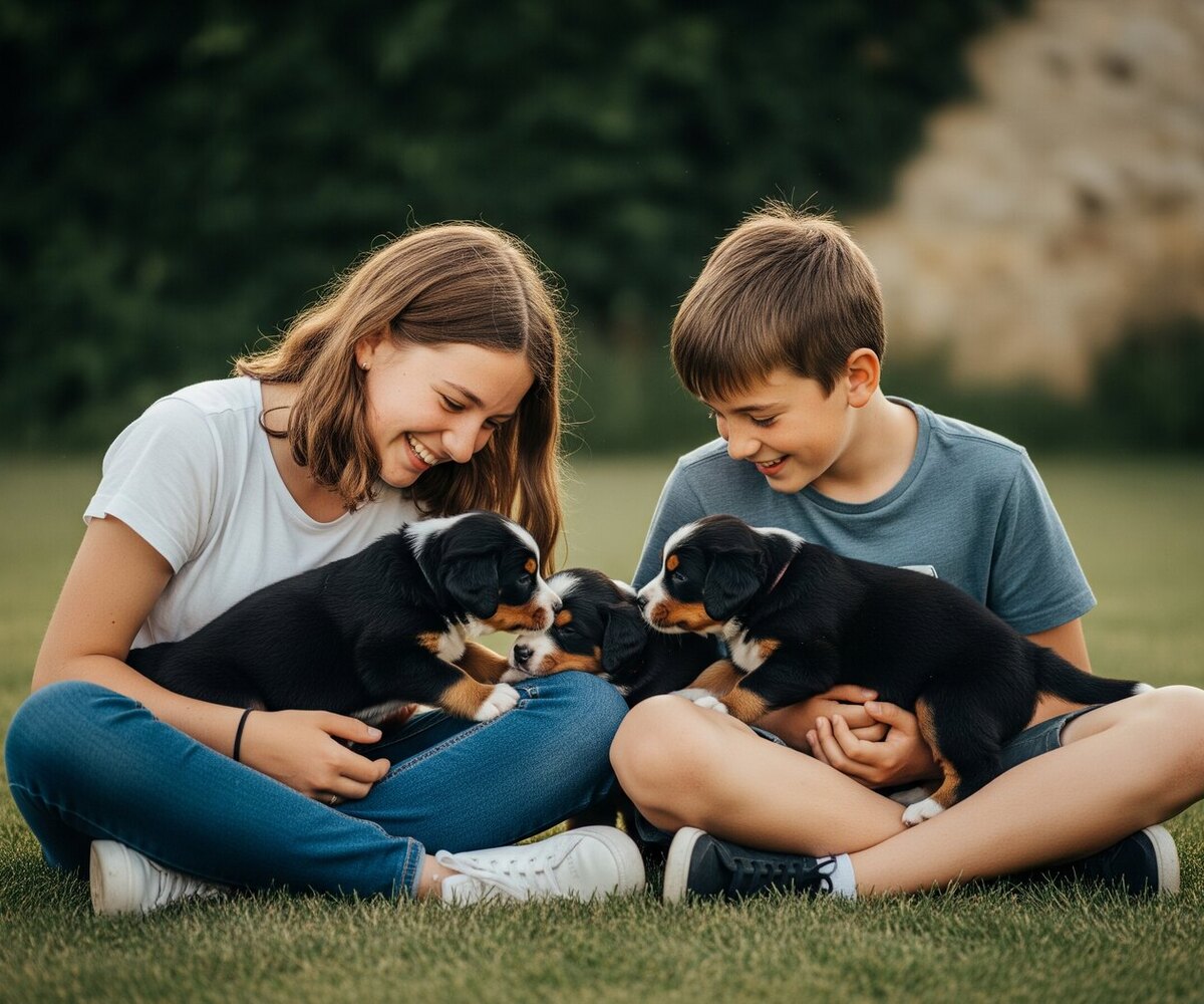 Enfants observant des chiots Bouvier Bernois avant attribution