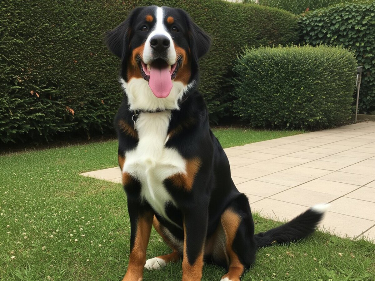Bouvier Bernois adulte assis dans un jardin devant une maison de campagne