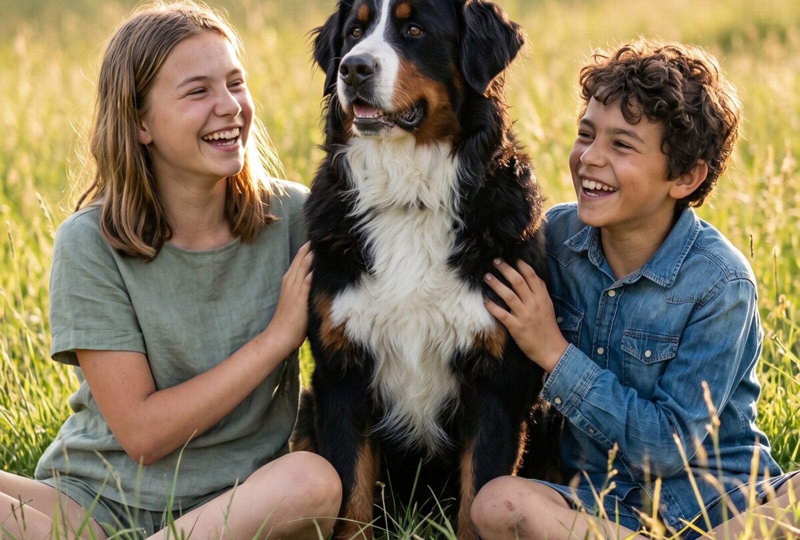 Bouvier Bernois tricolore entouré de deux enfants dans une prairie de montagne au soleil couchant